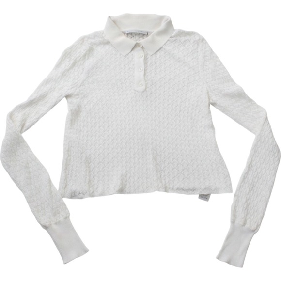 Zara Tops - Zara Pointelle Crochet Knit Long Sleeve Polo Sweater Women Size M White